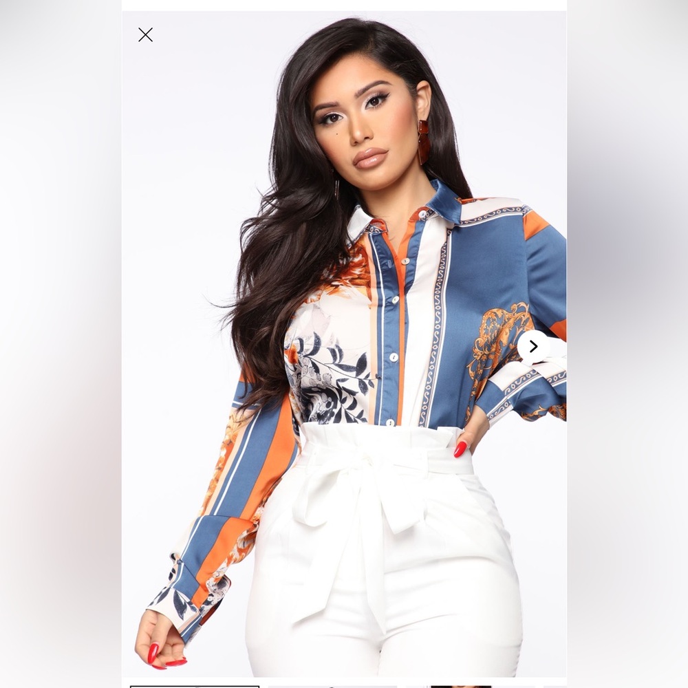 Fashion Nova White and Blue Graphic Button Down Shirt